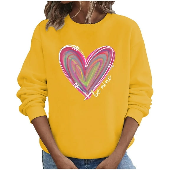 Women's Oversize Sweatshirts Long Sleeve Pullover Tops Crew Neck Cute Heart Graphic Print Shirts Plus Size Outfits(Yellow,XL)