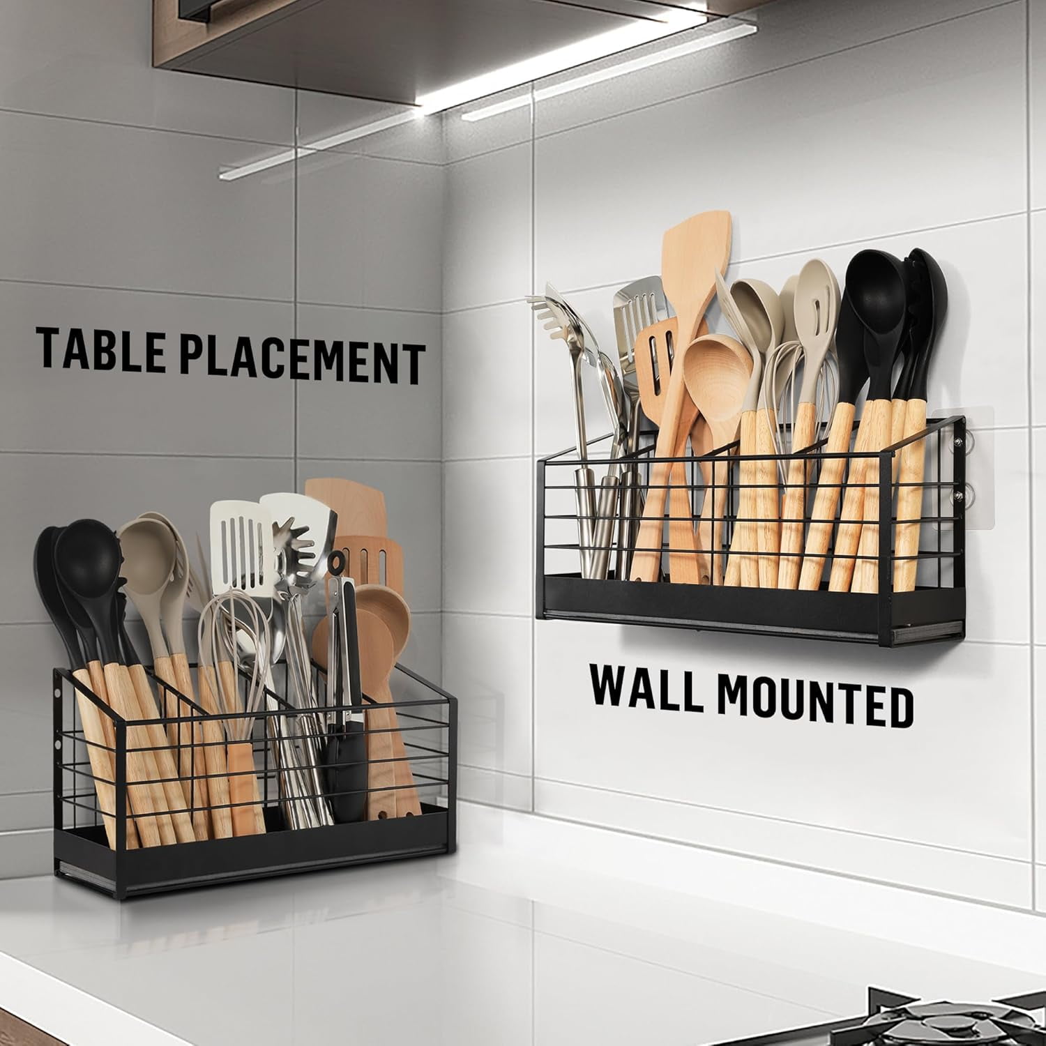 Behome Extra Large Kitchen Utensil Holder, 4 Compartments & Diatomaceous Earth Base, Wall Mounted Anti Rust Metal Holder for Kitchen Counter, Farmhouse Cooking Utensil Storage, Black