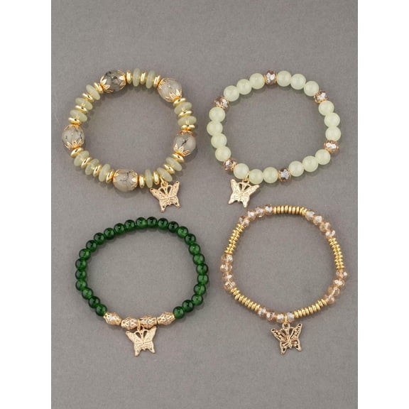 EOEMY 4Pcs/Set Butterfly Charm Green Tone Beaded Bracelet Women Bracelet Stackable-Default