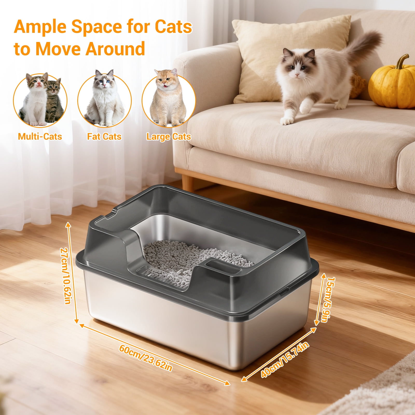60cm Semi-Enclosed Cat Litter Box, PP & Stainless Steel Construction, 60×40×27cm Transparent Black