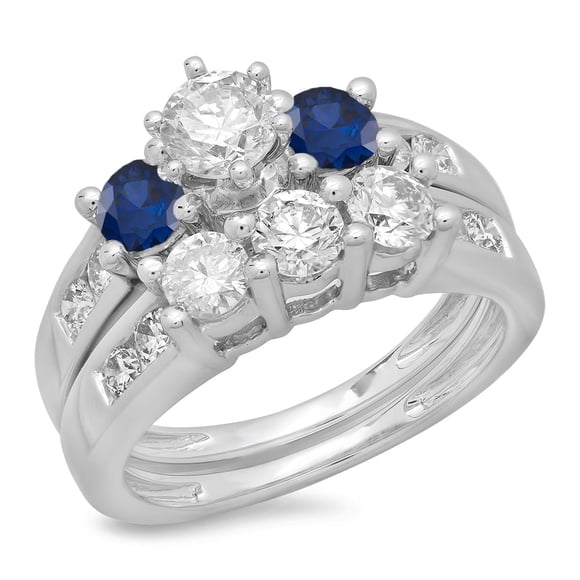2.25 Carat (ctw) 18K White Gold Round Cut Blue Sapphire & White Diamond Ladies Bridal 3 Stone Engagement Ring With Match