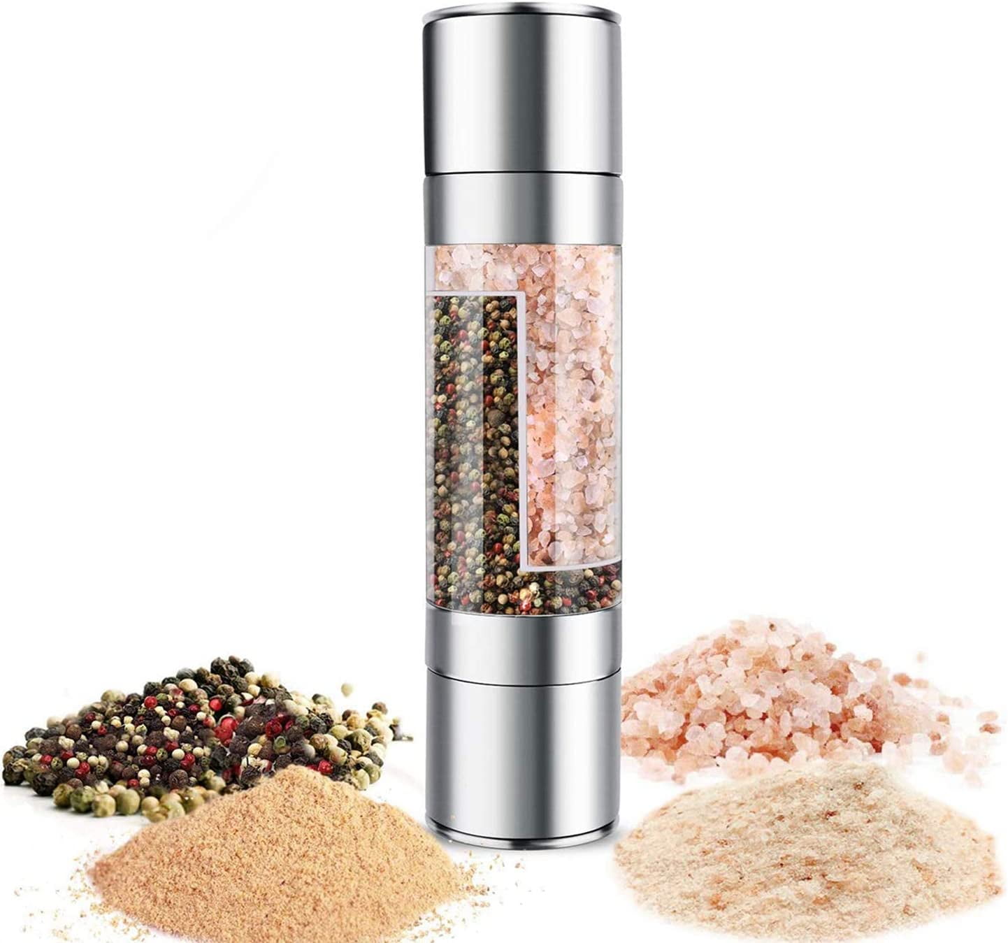 Meidong  Adjustable Pepper Grinder Salt Grinder 2 in 1 with Stainless Steel Cover Ceramic Blade, Silver
