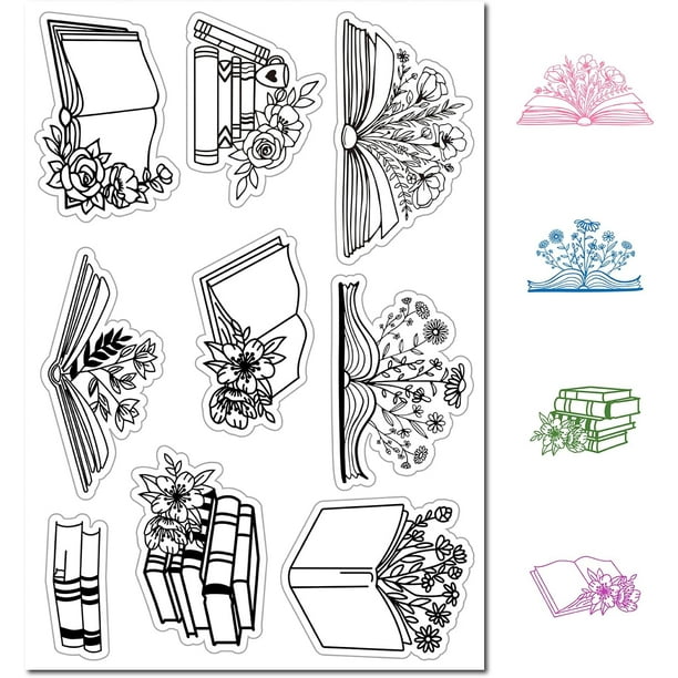 Sello de goma transparente con diseño de libros, flores y plantas. Sello de silicona vintage transparente.