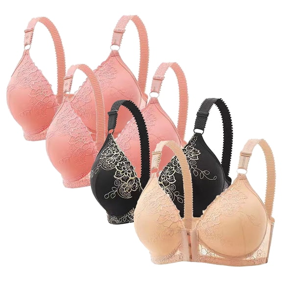 fheaev 4Pc Front Close Bras for Women Plus Size Wirefree Support Posture No Underwire Full Coverage Bra Adjustable Shoulder Strap Comfort Push Up Lace Breathable Front Buckle Open Everyday Bras
