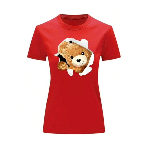 Playera Blusa Con Impresion De Oso Saliendo Del Pecho Ropa Para Mujer Color Rojo Talla Chica Marca Emil SaEs