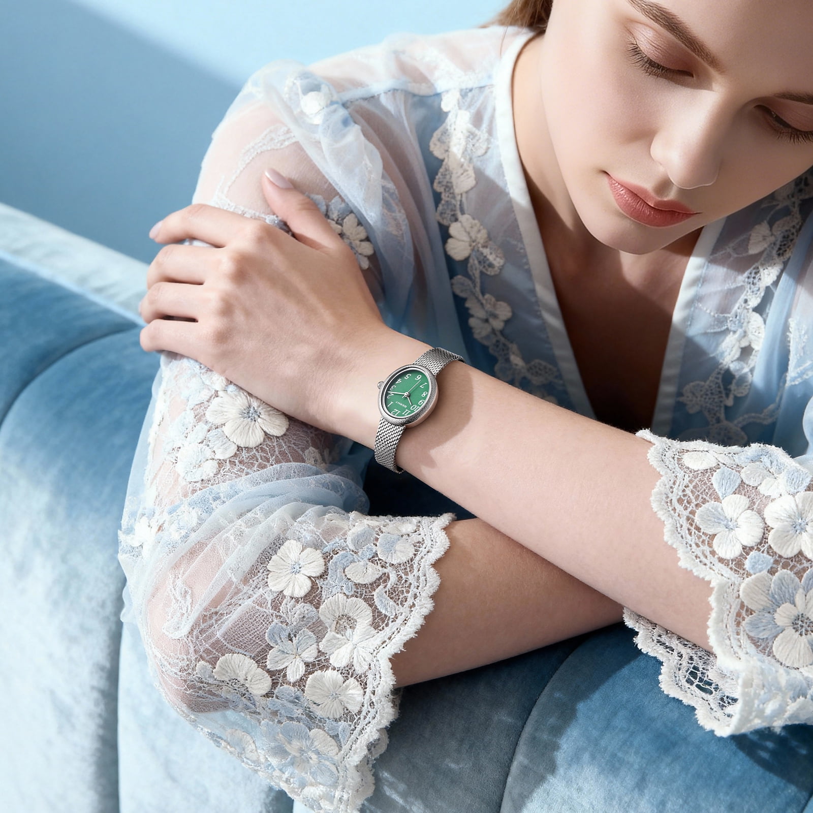 BERNY Small Silver Watches for Women, Dainty Easy to Read Oval Dial, Vintage Stainless Steel Bracelet Watch, Adjustable Mesh Band, Waterproof, Luxury Ladies Analog Quartz Wrist Watch Gifts (Green)