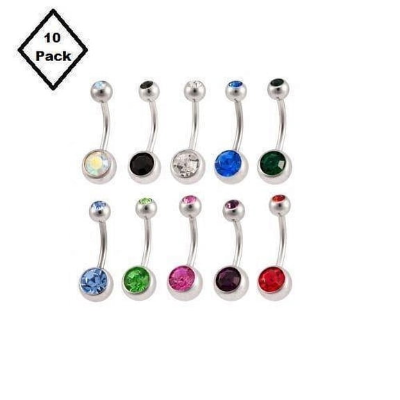Double Gem Belly Button Rings Jewelry Surgical Steel CZ Gems 14G 10pc