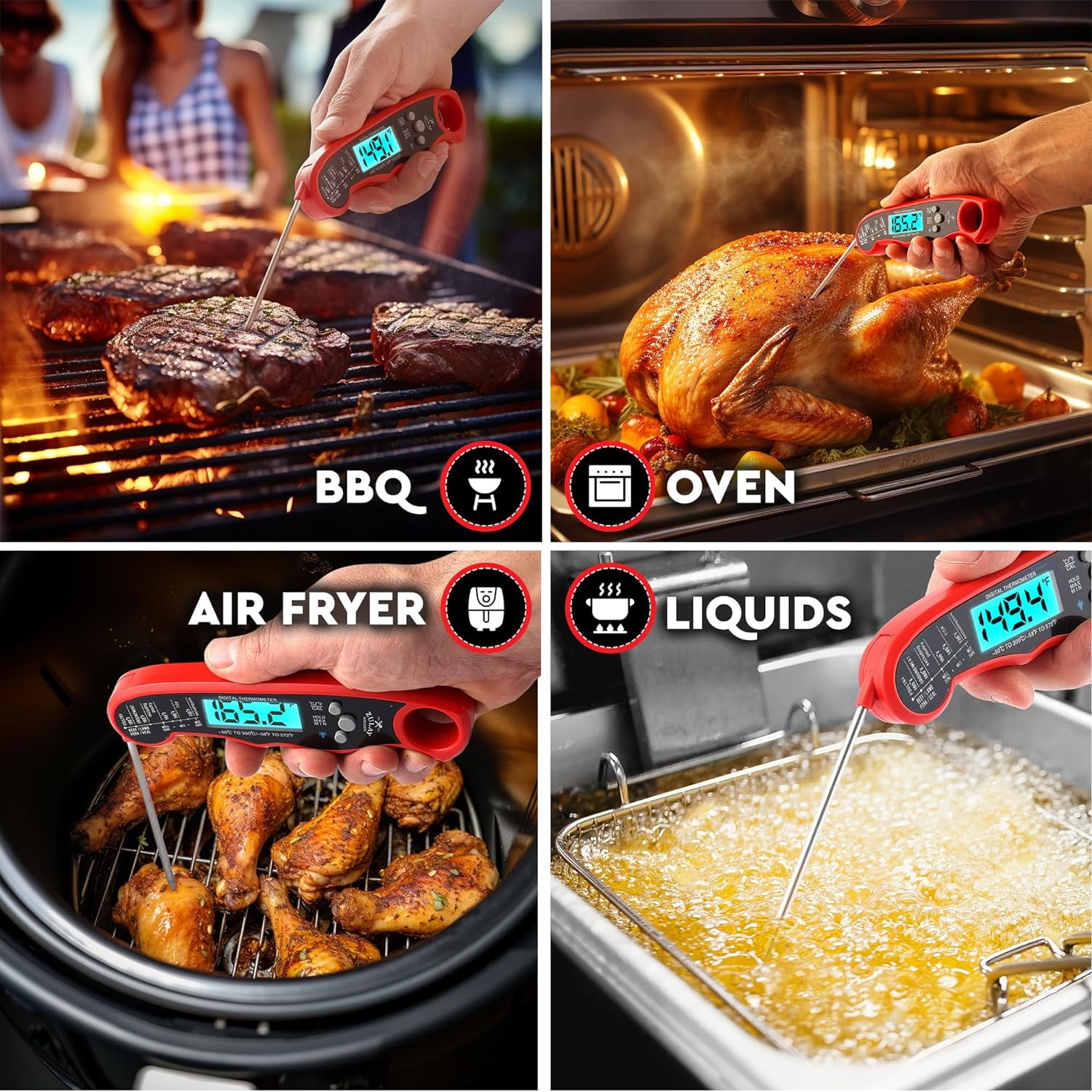 Zulay Kitchen Instant Read Food Thermometer Waterproof Digital Meat Thermometer w/ Backlight Red