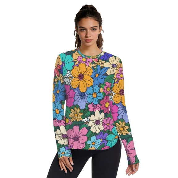 Colorful Floral Women UPF 50 UV Shirts Long Sleeve with Thumb Holes Workout Sun Shirt Quick Dry Athletic Hiking Tops