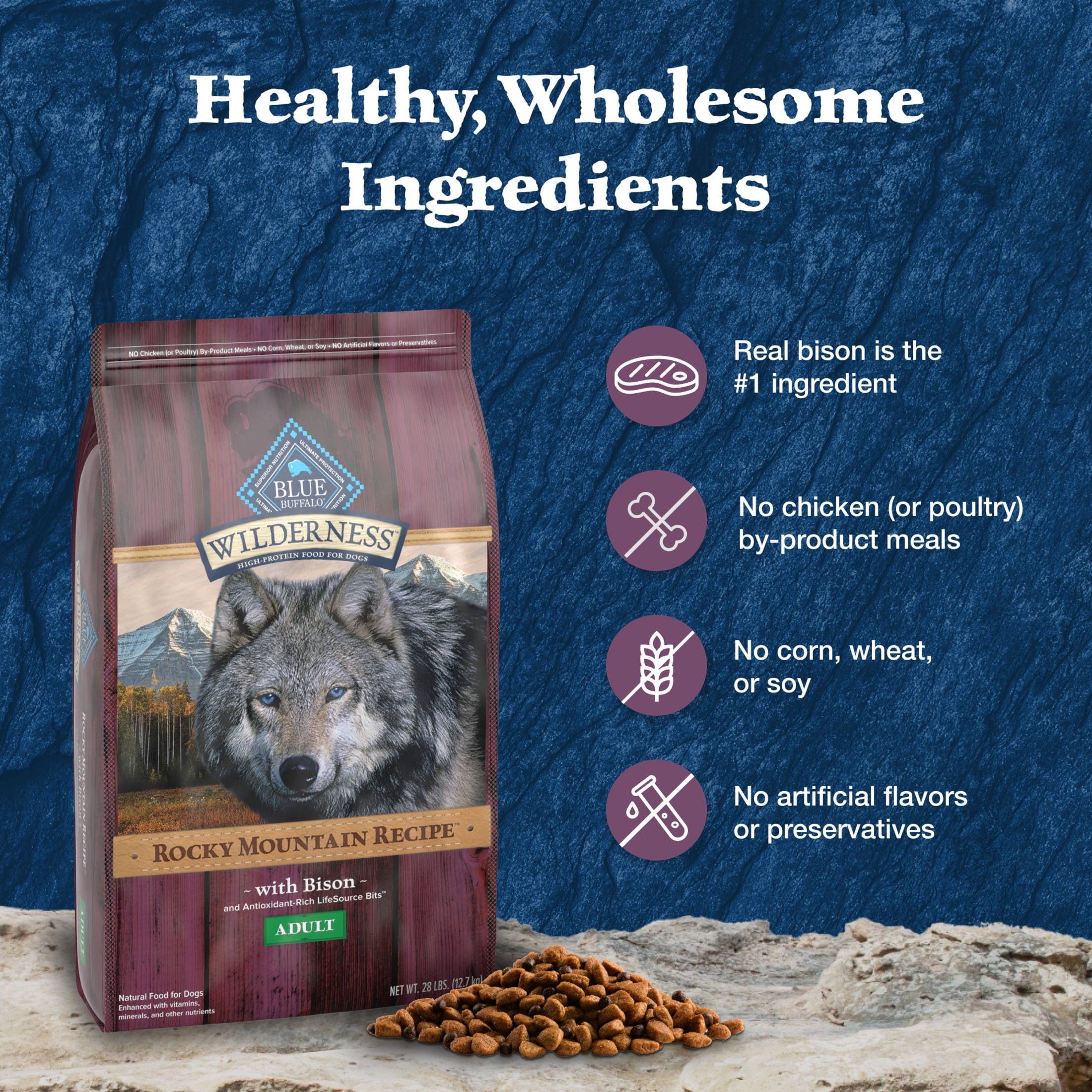 Blue Buffalo Wilderness Natural Dry Dog Food, High-Protein, Bison & Whole Grains, 28-lbs.