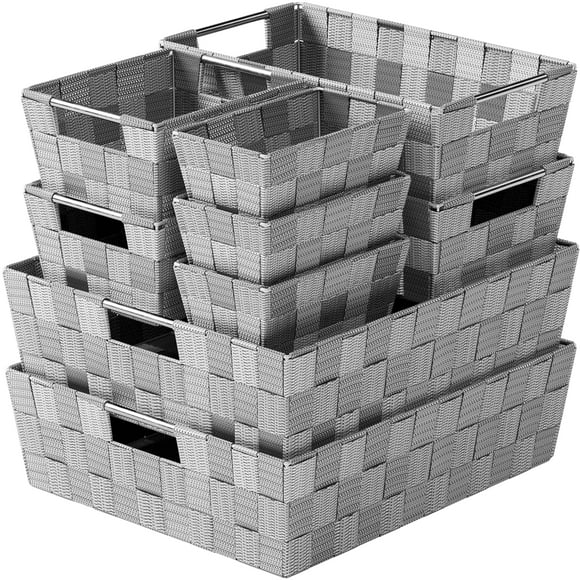NEATERIZE Contenant d'Articles, Paniers de Rangement Tissés pour l'Organisation - Ensemble de 9 Bacs Organisateurs Vides en Tissu avec Poignées - pour l'Organisation, Étagères de Garde-Robe en Lin et Panier de Salle de Bain, Nylon, Gris Foncé