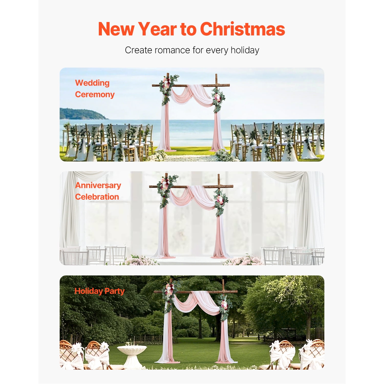 KFFKFF Artificial Wedding Arch Flowers Kit, Pink Floral Decorations with Drapes (Set of 4) - Includes 2 Floral Arrangements and 2 Sheer Drapes for Ceremonies, Bouquets, and Backdrop Decor