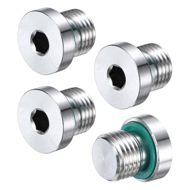 Paquete de 4 tapones de ajuste de tubo con cabeza hexagonal interna, M14x1.5mm, tapón de socket de acero inoxidable 304 con anillo de sellado de fluorina
