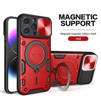 Heavy Duty Case for iPhone 15 Pro Max, Camera Lens Sliding Cover with Hidden Bracket Magnetic Car Mount Holder, Rugged PC TPU Hybrid Military Grade Shockproof Lens Protection Case, Red