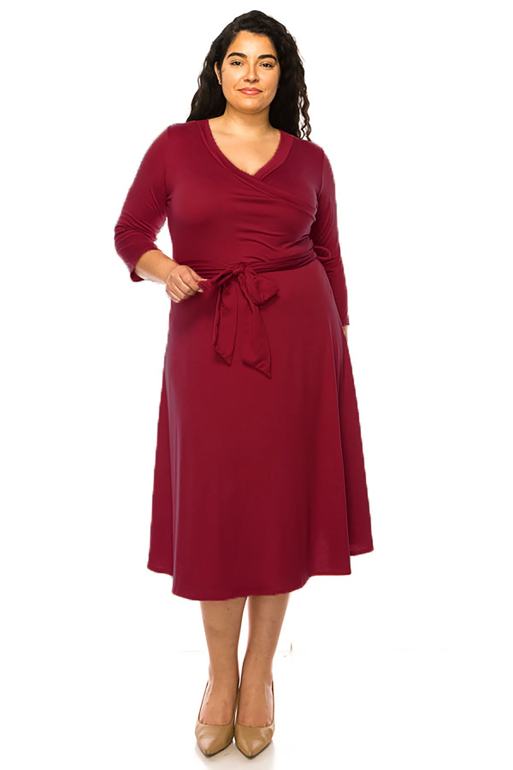 Women's Plus Size Wrap Dress 3/4 Sleeve V Neck Waist Tie - Walmart.com