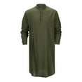 thumbnail image 4 of Mens Kaftan Thobe Cotton Linen Henley Shirt Long Sleeve Robe Casual Muslim Gown Kurta Army Green M, 4 of 9