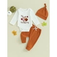 thumbnail image 3 of Elippeo Baby Girls Boys Thanksgiving Outfits 3M 6M 9M 12M Letter Turkey Embroidery Long Sleeve Rompers Long Pants Hat 3Pcs Fall Clothes Set, 3 of 10