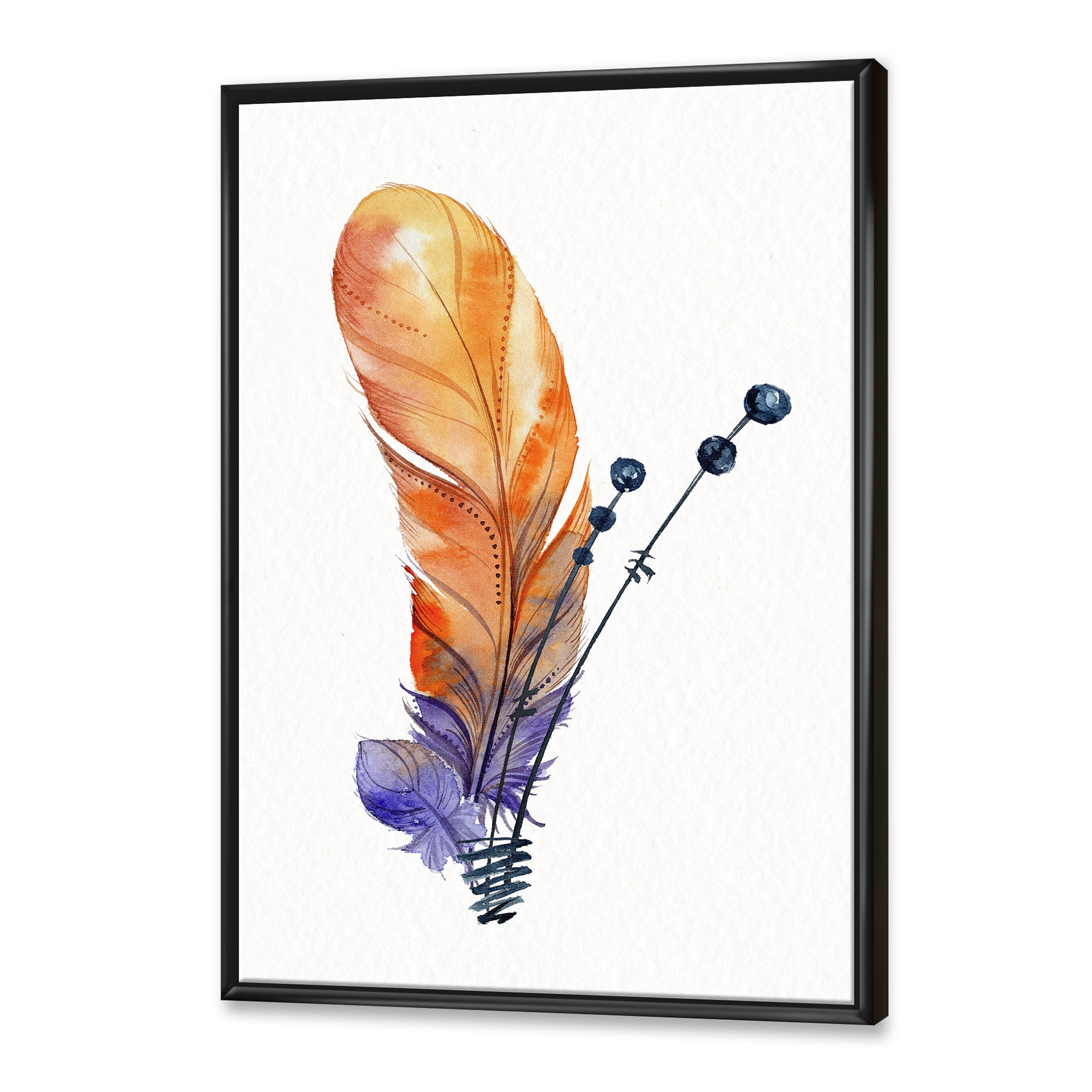 Ethnic Orange Animal Feather Composition 16 in x 32 in Framed Painting Canvas Art Print, by Designart