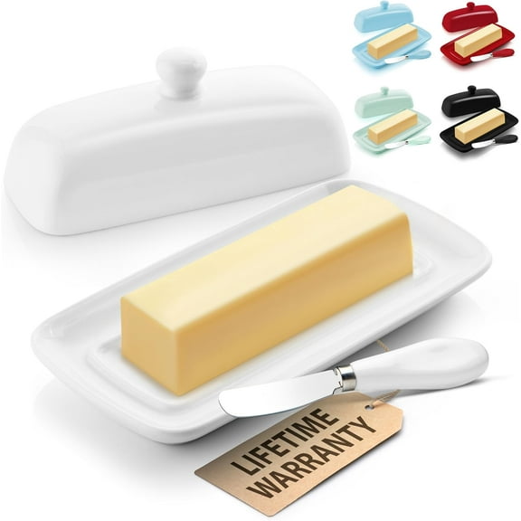 Butter Dish With Lid For Countertop - Porcelain White, Ceramic Butter Dish with Knob Handle Great for Cooking - Elegant Design Butter Holder - Durable & Sturdy Butter Keeper