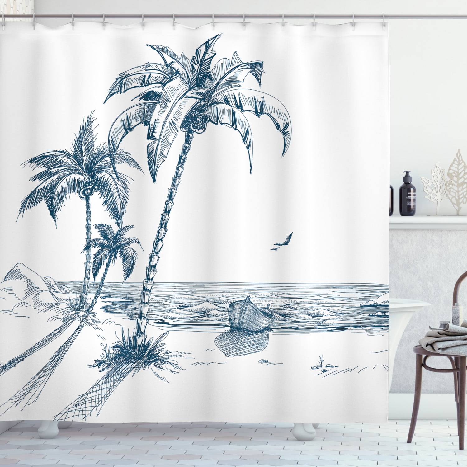 Summer Holiday and Beach Vintage Style Picture Print Ambesonne Palm Trees Sunset Decor Collection Polyester Fabric Bathroom Shower Curtain Set with Hooks Green Blue Ecru Cream 69 W By 70 L