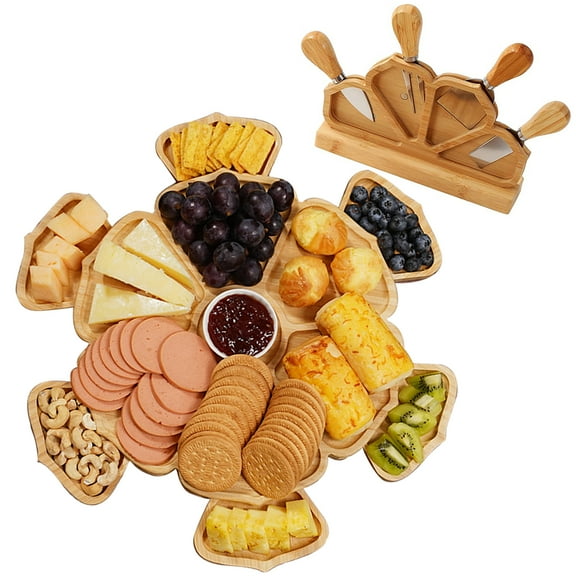 Yorcoten Mandala Flower Bamboo Cheese Board Set with Knife, 12 inches, 5 Pieces