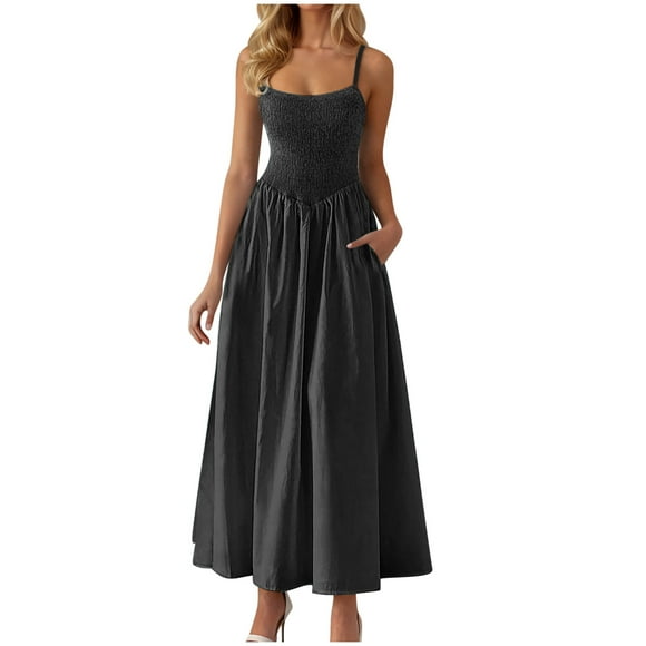 Staron Womens Dresses Summer Clearance Under $10 Spring Smocked Spaghetti Strap Sundresses Loose Casual Boho A Line Long Flowy Vacation Dresses