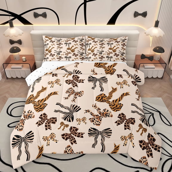 Homewish Kawaii Bowtie Bedding Comforter Set 2pcs for Teens Female Adults,Leopard Zebra Print Twin Comforter Sets Microfiber,Black Brown Breathable Bedding Set,Lightweight Room Decor,Reversible