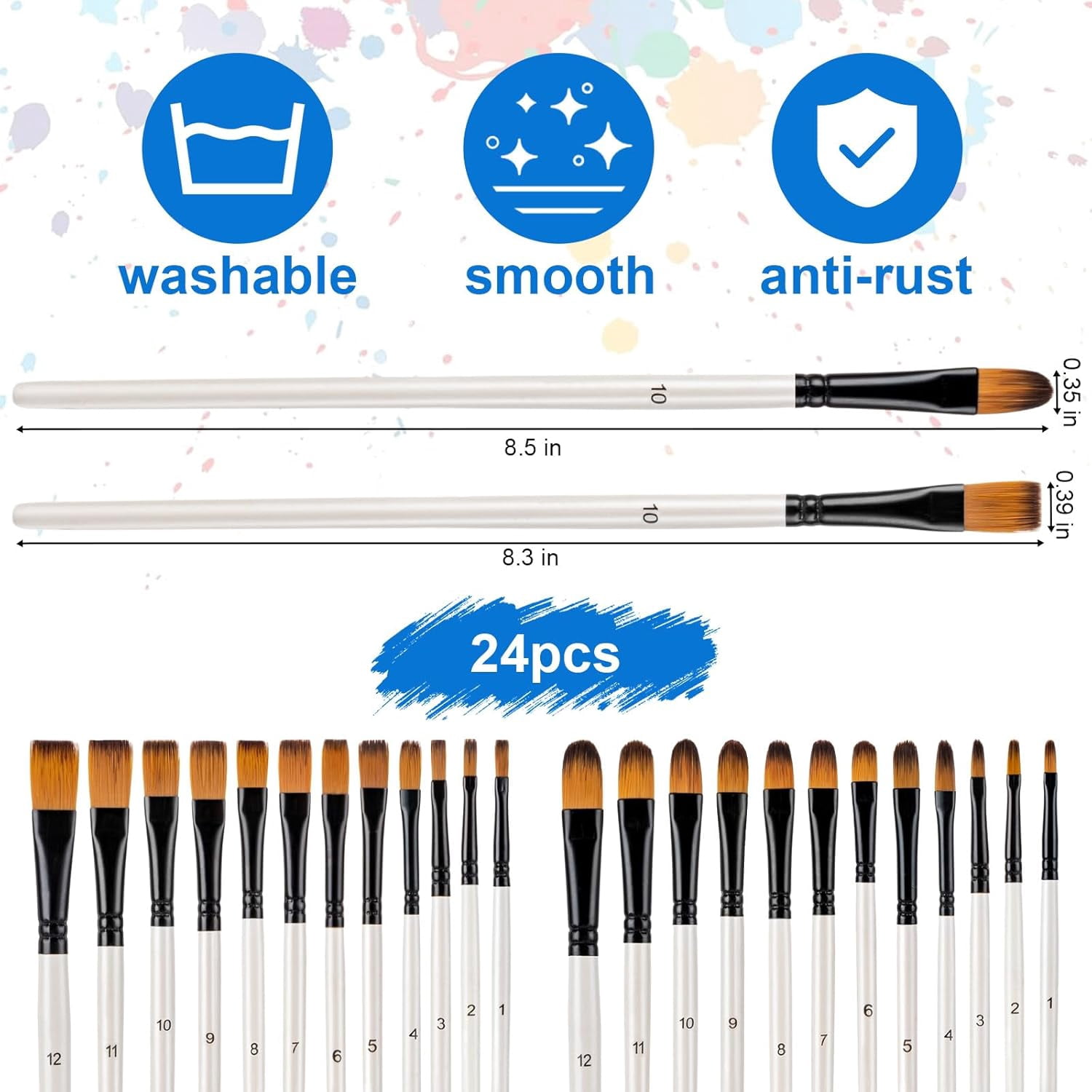 JJEAN-Flat Filbert Paint Brushes Set, 24 Pcs Nylon Paintbrushes for Acrylic Watercolor Oil Gouache, Craft Detail Face Body Painting Artist Kit, Paint by Number Brushes
