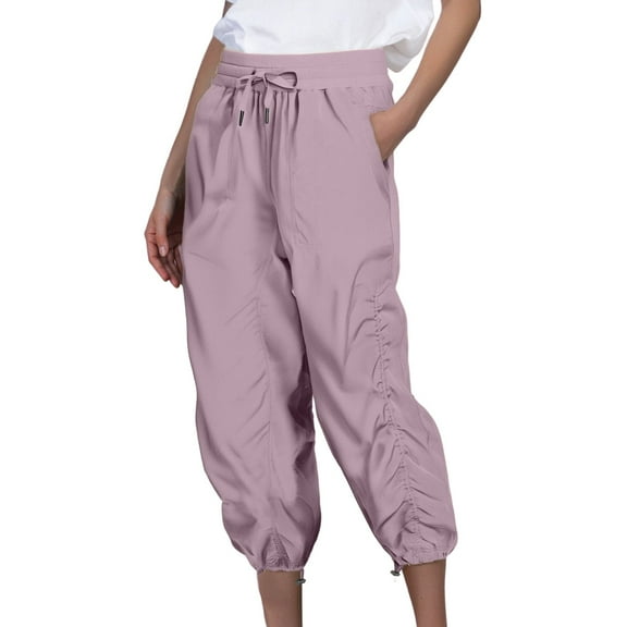 Fiaer,Plus Size Hiking Capri Joggers for Women,Women's Elastic Waist Pleated Pocketed Pants,Ladies Lightweight Lace up Loose Fit Spliced Trousers Light Purple XL