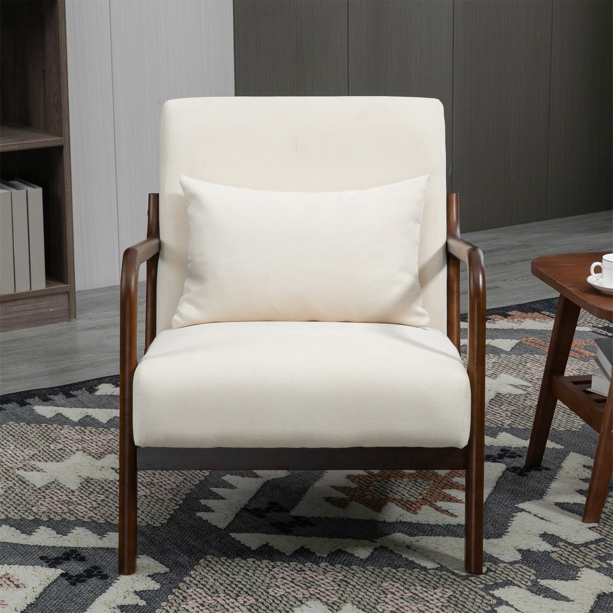 Aukfa Mid Century Modern Accent Chair w/ Lumbar Pillow for Living Room, Wood Frame, Velvet, Beige