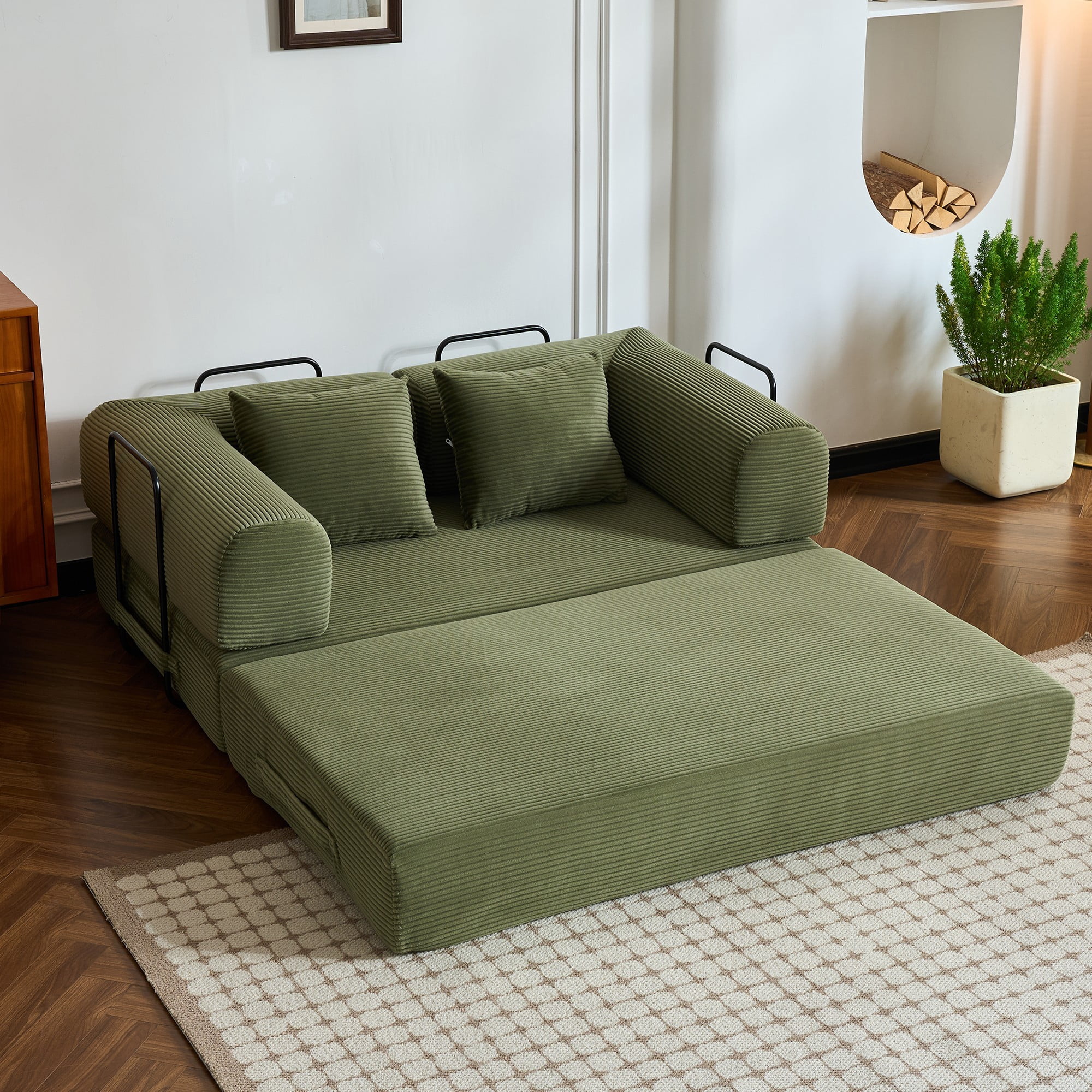 BSHTI 59" Corduroy Convertible Sleeper Sofa Bed with Cylindrical Pillow, No Assembly, Small Space for Living Room（Green）