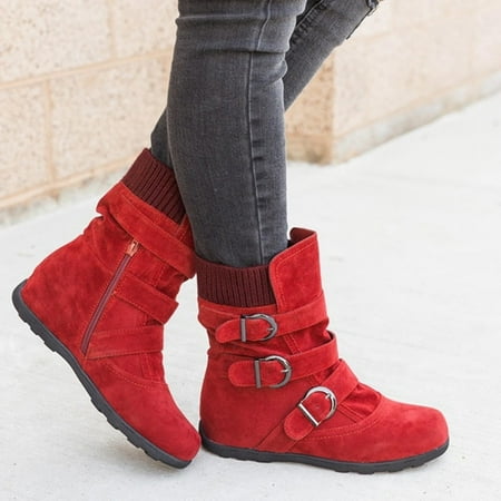 

Women Suede Round Toe Zipper Flat Pure Color Buckle Strap Keep Warm Snow Boots