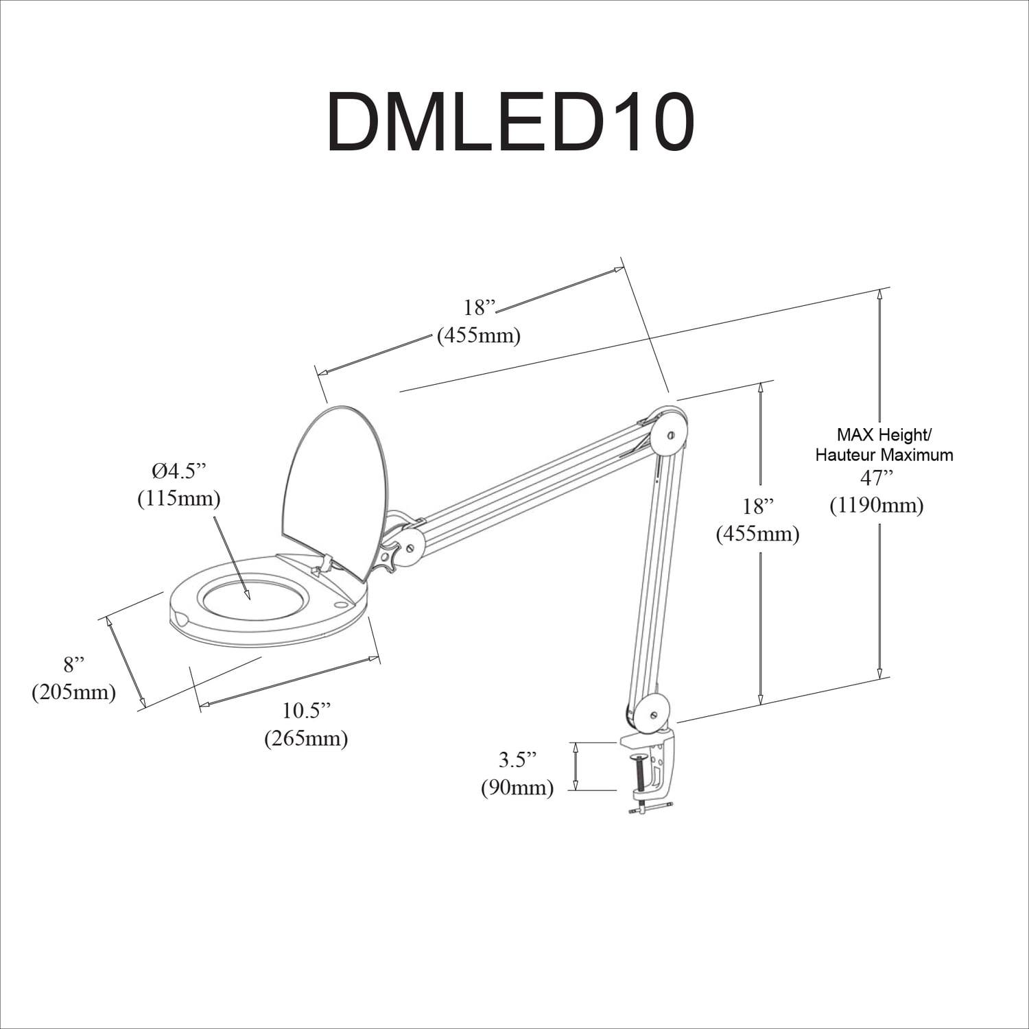 Dainolite - 47 Inch 8W 1 LED Magnifier Lamp with A Bracket-White Finish