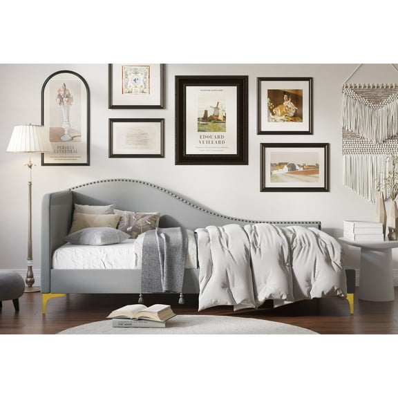 Home Design Lorettta Upholstered Daybed with Sloped Back and High Arm, Nailhead Trim, Gray – Adult Guest Room, Bedroom, and Living Room, Easy Assembly