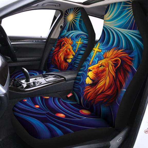 Christian Lion Cross Car Seat Covers – Faith Inspired Religious Art Auto Interior Decor, Jesus Lion Design Car Seat Protector Set