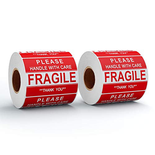2 x 3 Fragile Stickers Handle with Care Warning Packing/Shipping Labels 2 Rolls, 1000 Labels Permanent Adhesive