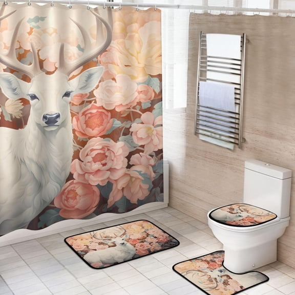 Shower Curtain Set 4 Piece for Bathroom Decoration, Flower Peony Flower Bathroom Sets with 1 Fabric Shower Curtain and 3 Non-Slip Bathroom Rugs Accessories with Hooks