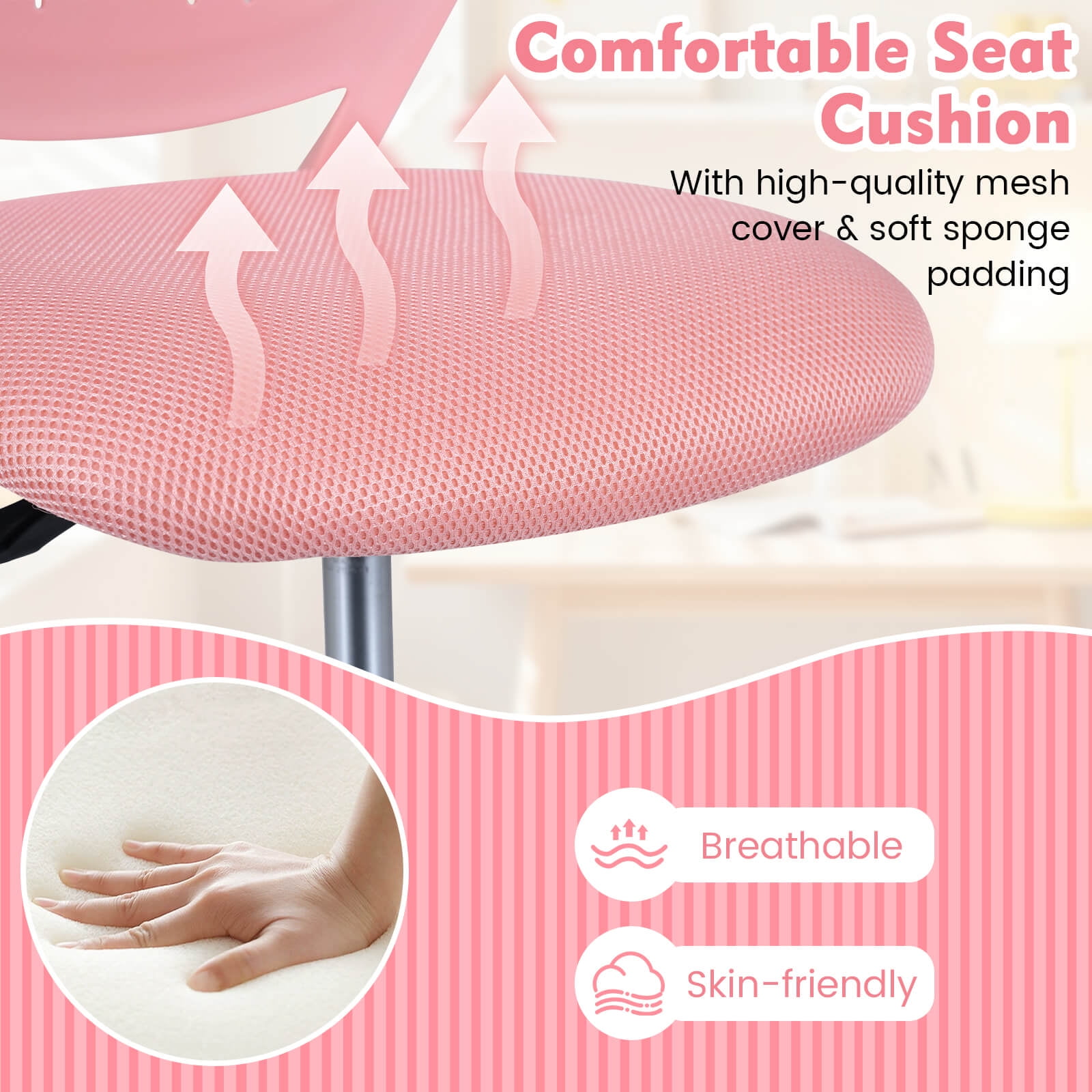 Costway Kids Desk Chair Ergonomic Swivel Children Mesh Study Height Adjustable Pink Pink