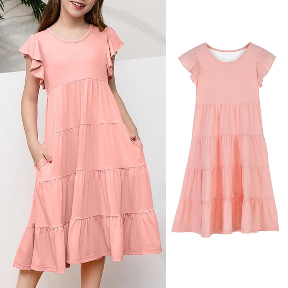 Girls Summer Dresses Ruffle Sleeve Girls Casual Dresses Tiered Sun Dresses with Pockets Dresses for Girls 12-13 Years