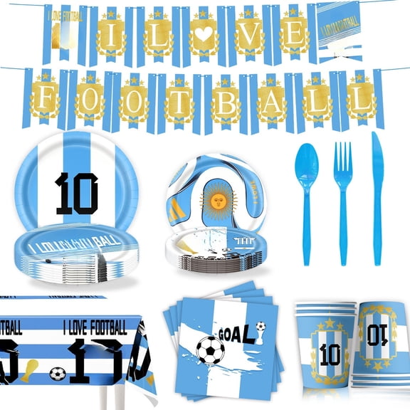 Soccer Themed Party Supplies, Blue Football Decor Kit with Banner, Tablecloth, Paper Plates, Cups, Napkins and Disposable Cutlery for Sports Party
