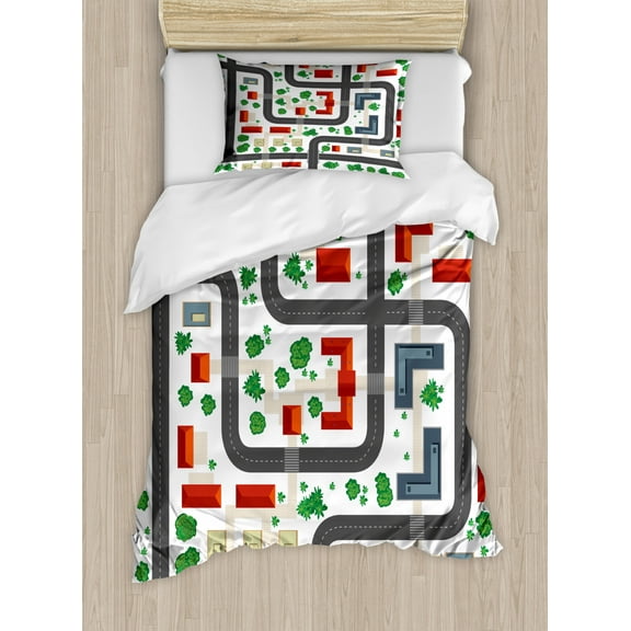 Architecture Duvet Cover Set Twin Size, Top View Composition of Roads Houses Trees City Planning Metropolis Scene, Decorative 2 Piece Bedding Set with 1 Pillow Sham, Multicolor, by Ambesonne