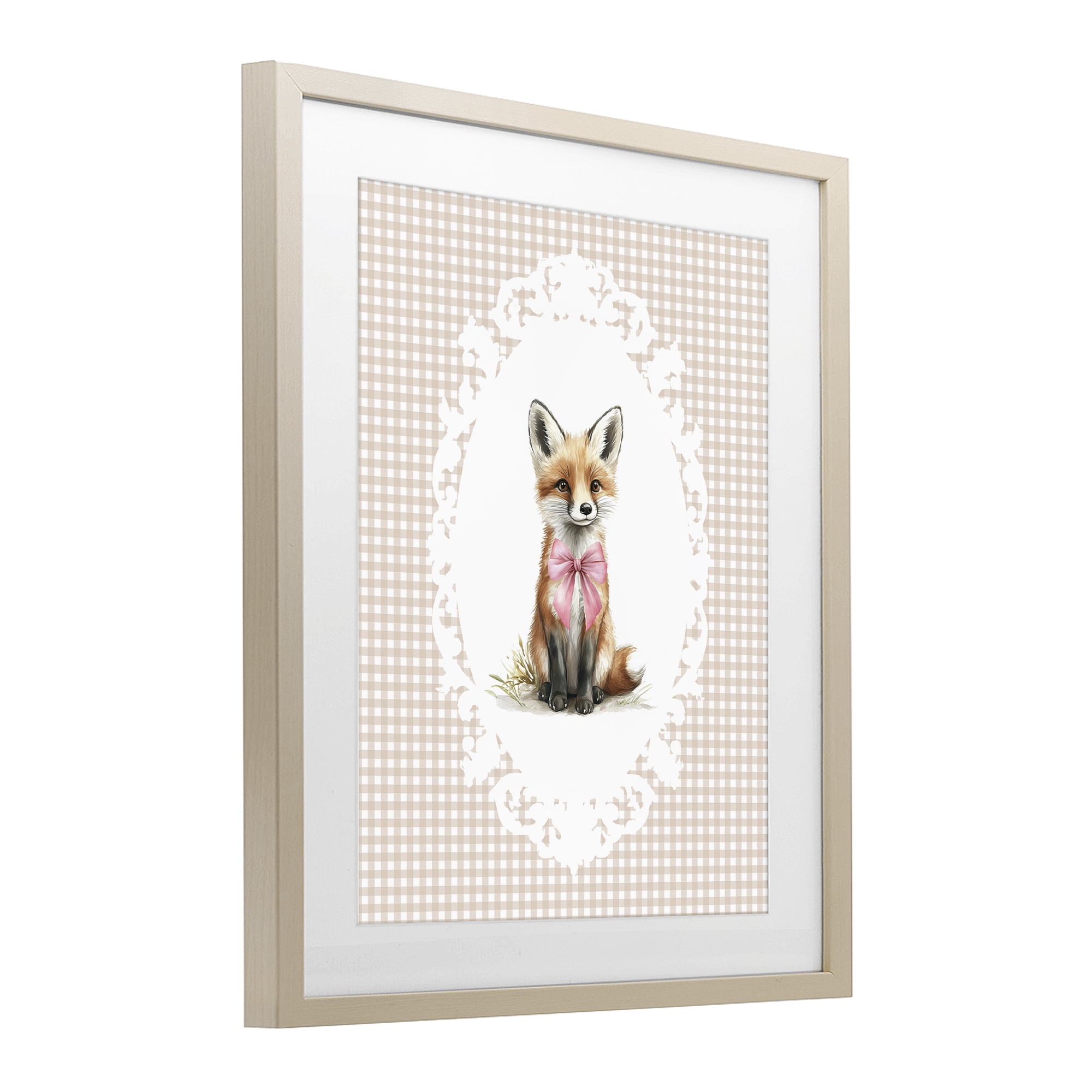 Stupell Industries Vintage Bow Fox on Gingham Birch Framed Print Under Glass, design by Christine Simpson Art