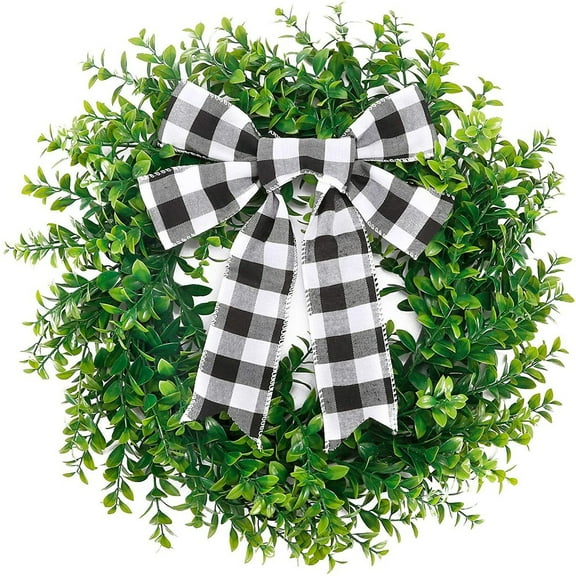 15.74 Inch Faux Round Boxwood Wreath, Artificial Spring Summer Greenery Wreath with Plaid Bow, Front Door Wall Hanging Window Wedding Decor, Farmhouse Style