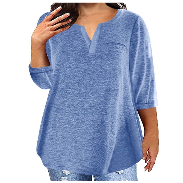 Puntoco 2024, tops de verano a la moda para mujer, tops de talla grande para mujer, blusa Sexy con cuello en V, blusa holgada informal sólida de verano con manga 3/4