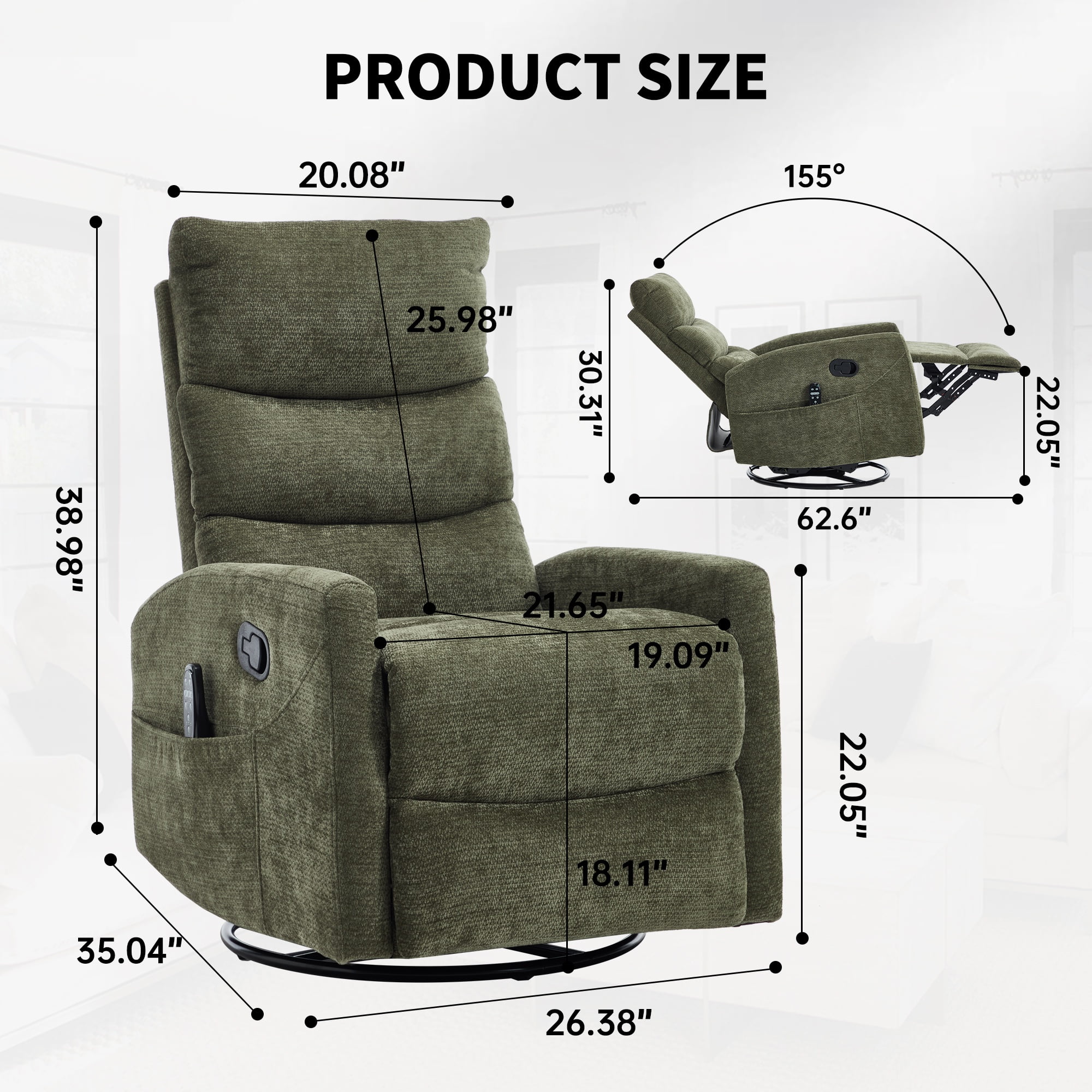 PAPROOS Rocker Recliner with Heat and Massage, Fabric 360°Swivel Rocker Recliner, Glider Rocking Chair for Nursery, Small Manual Recliner with Side Pocket for Home Theater Living Room, Green