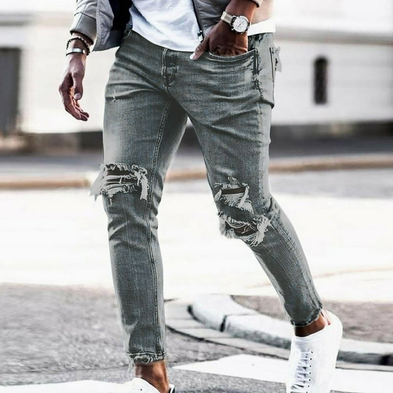 YLSDL Men's Slim Fit Ripped Biker Jeans, Blue Distressed Stretch