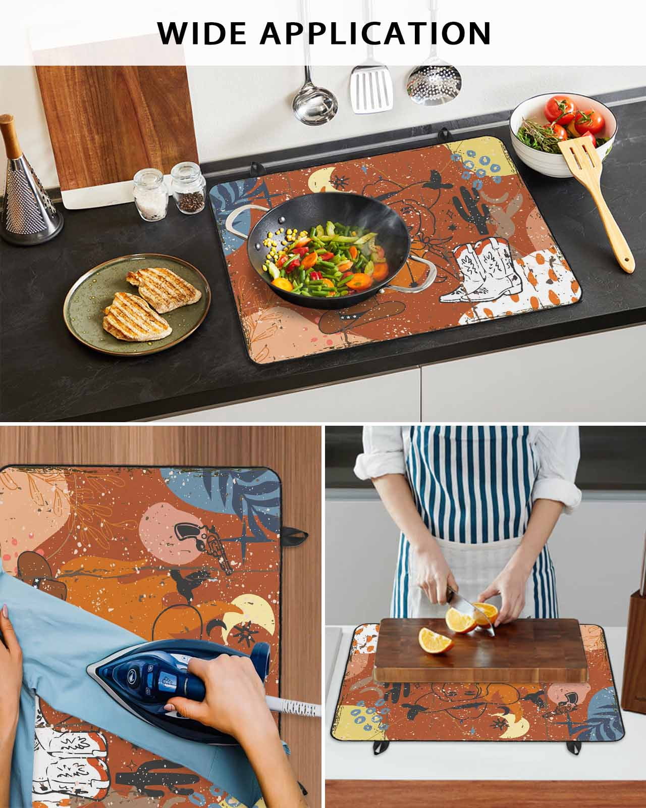 Large Induction Cooktop Protector Mat Western Cowboys Stove Top Covers for Electric Stove, Vintage Boho Abstract Cactus Orange Decorative Stove Burner Cover Mats, Glass Top Stove Cover