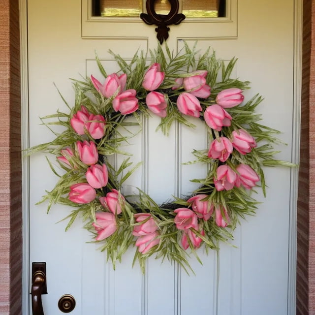 Couronne de Tulipe de Printemps Décoration de Porte, Couronne de Porte d'Entrée Florale Artificielle Réaliste avec Feuilles Vertes, Réutilisable pour Extérieur et Intérieur, Matériaux Durables Résistants à la Décoloration, Accent de Bienvenue Élégant
