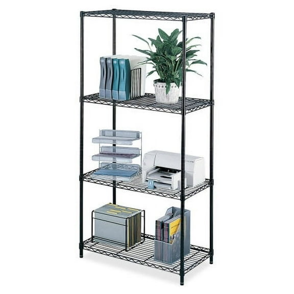 Safco Industrial Wire Shelving 36" x 18" x 72" - 4 x Shelf(ves) - Rust Proof, Leveling Glide, Adjustable Leveler, Adjustable Feet, Dust Proof - Black - Powder Coated - Steel, Plastic - Assembly Requir
