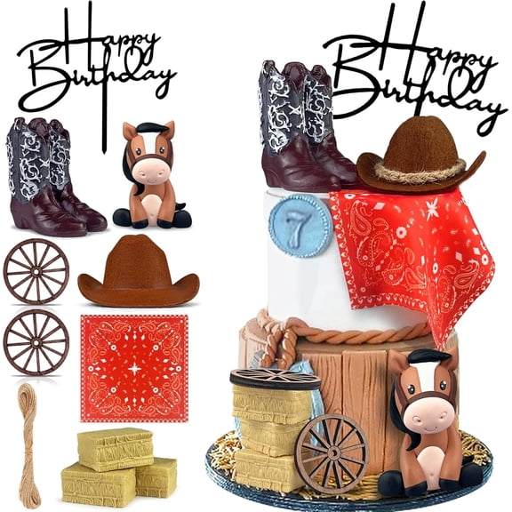 Cowboy Cake Decorations Cowboy Hat and Boot Cake Toppers Western Cowboy Cowgirl Birthday Baby Shower for Western Theme Party Favors Supplies (Brown)